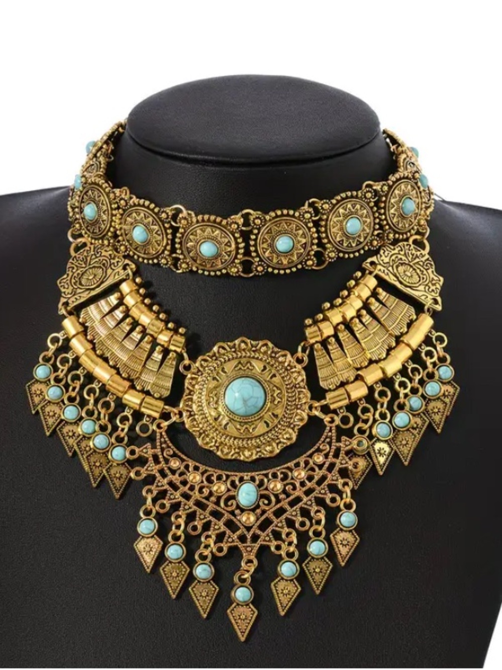 Gold-Tone Costume Statement Necklace with Turquoise Accents